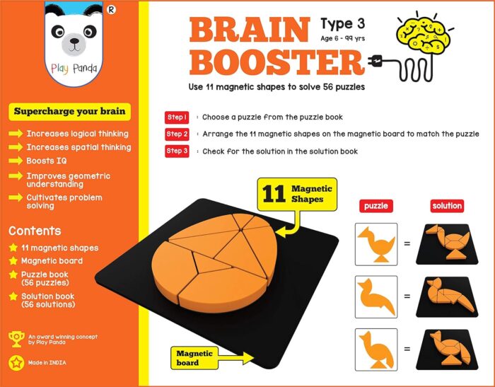 56 Puzzles Designed to Boost Intelligence - with Magnetic Shapes, Magnetic Board, Puzzle Book and Solution Book - for 6-99 Years Boys and Girls,Pack of 1